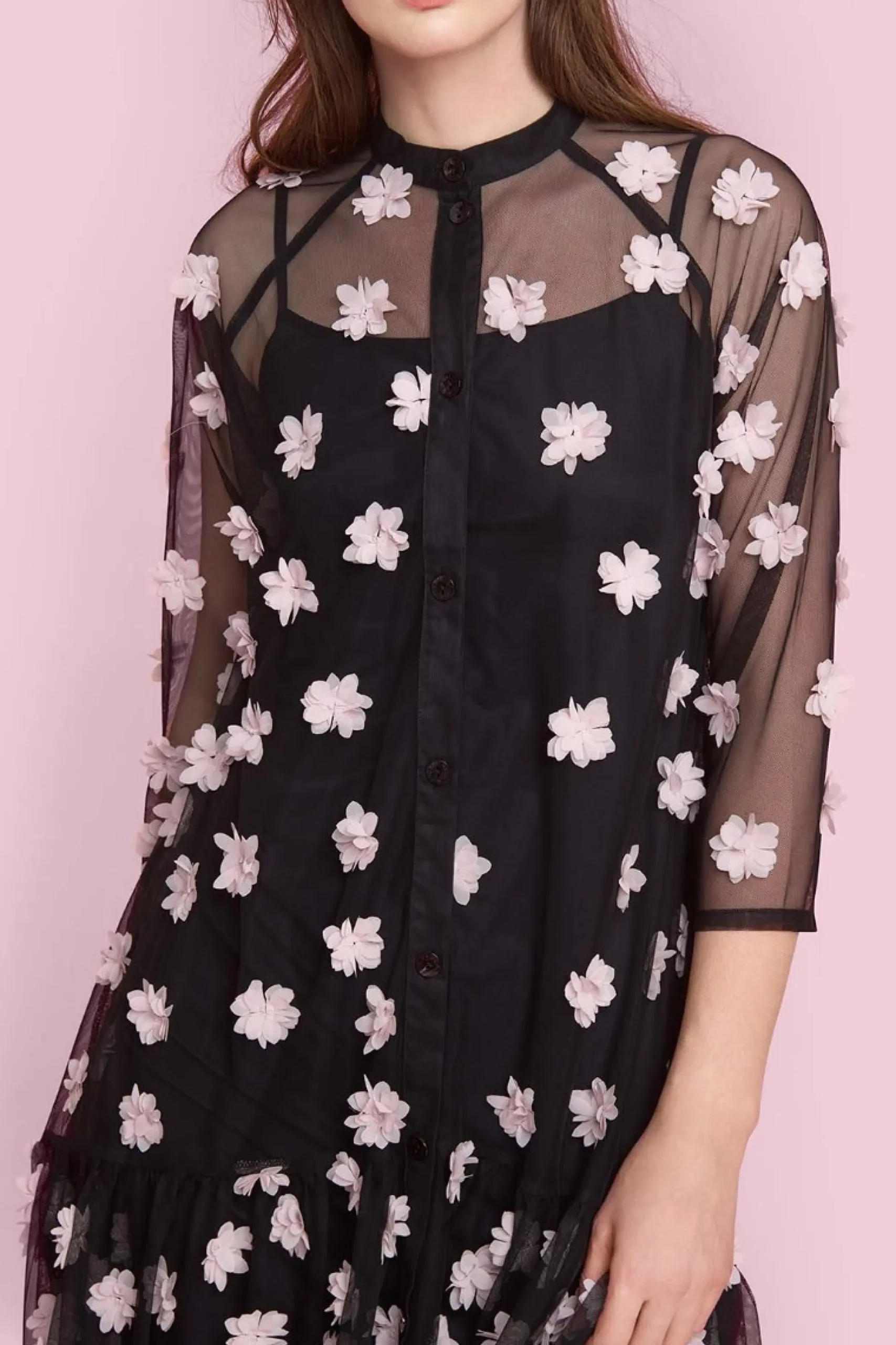 Kjoler<BITTE KAI RAND Blossom mesh kjole BLACK/PALEPINKFLOWER